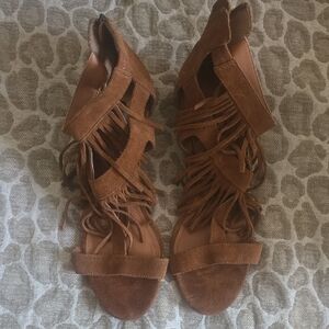 Steve Madden Brown Suede Fringe Open-Toe Heels